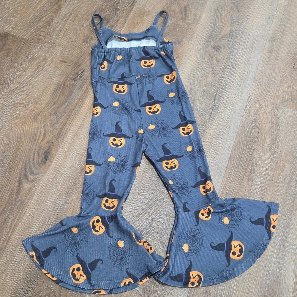 Halloween Jack-O-Lantern Witch Hat Bell Bottom Jumpsuit Grey Girls Size 120